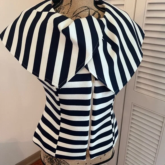 Gracia Navy and White Striped Peplum Top with Statement Collar - Picture 1 of 7